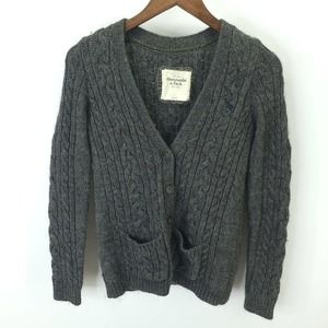 Abercrombie & Fitch Gray Wool Cable Knit V Neck Button Cardigan Sweater Size L